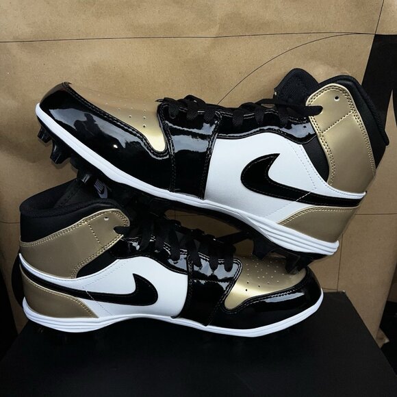 NEW Nike Air Jordan 1 Mid TD Cleat Black Gold Fj6805-701 Men’s Size 10
